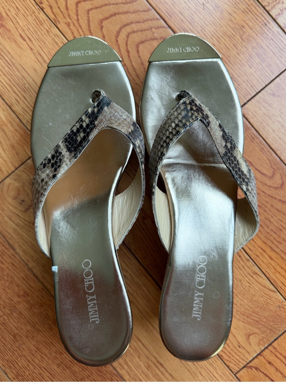 Jimmy Choo Metallic Gold Leather Thong Mules with Snakeskin Straps size 8